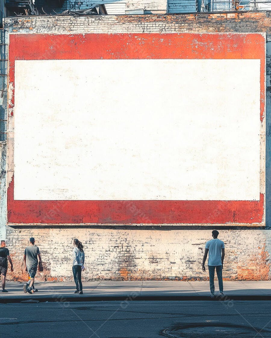 Grande outdoor branco e vermelho em prédio de tijolos com pedestres na rua