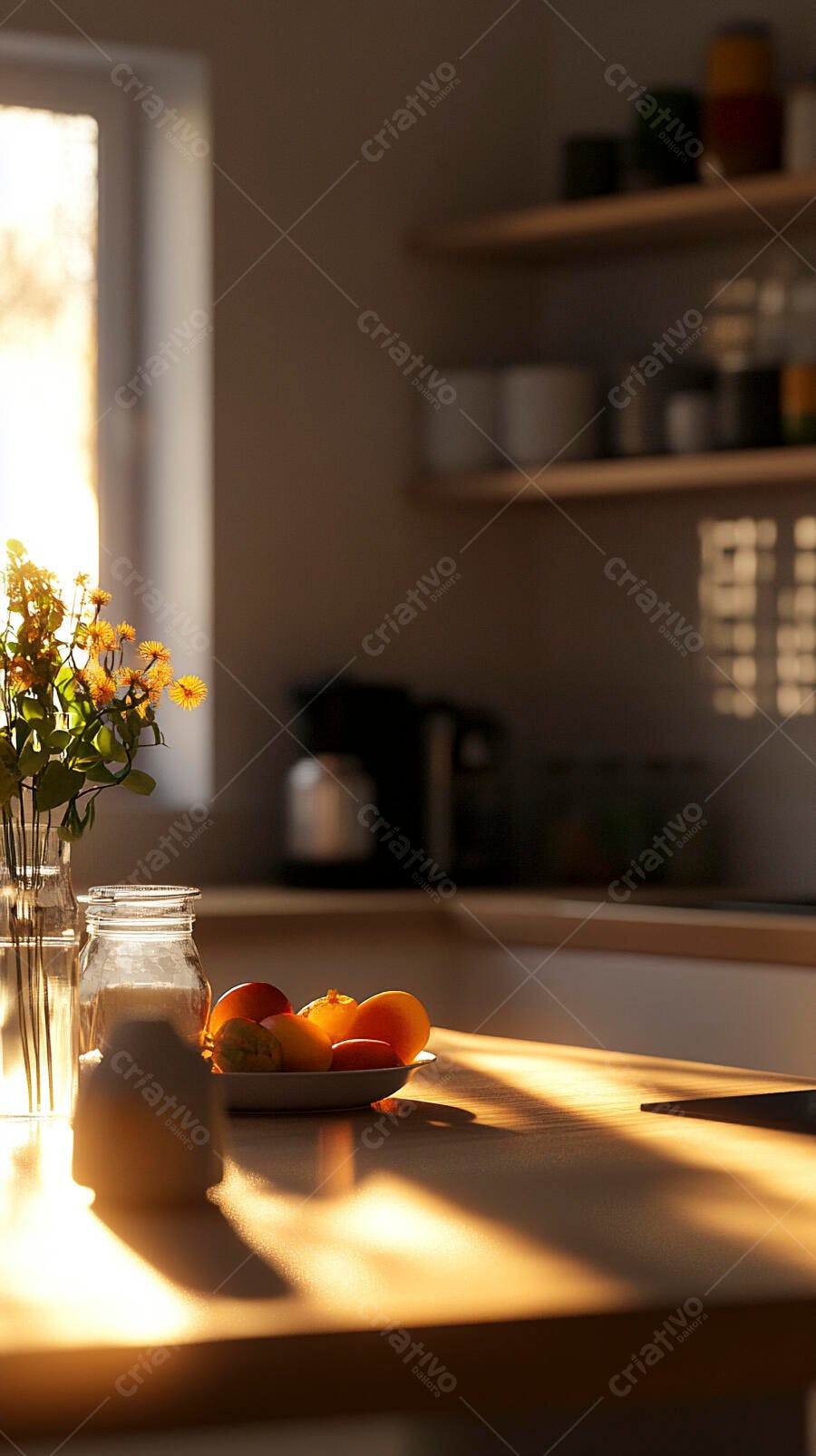 Cozinha moderna com luz solar matinal iluminando frutas e flores amarelas