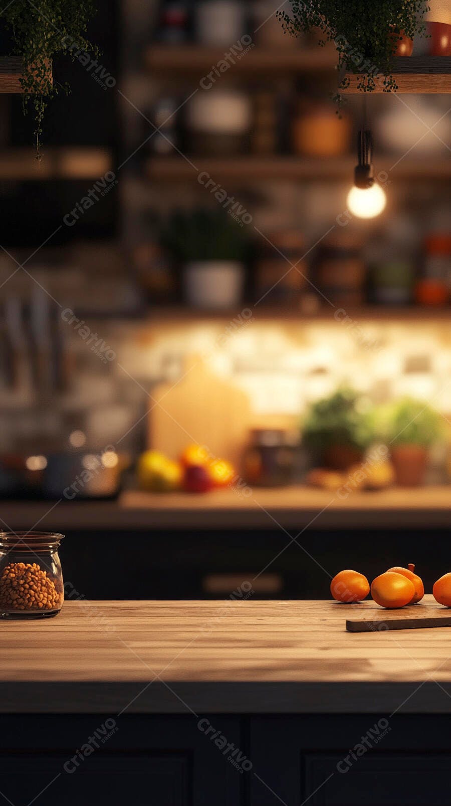 Bancada de cozinha de madeira com jarra de grãos e tangerinas frescas