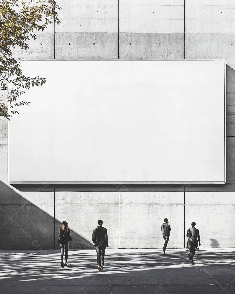 Outdoors branco gigante em parede de concreto com quatro profissionais andando