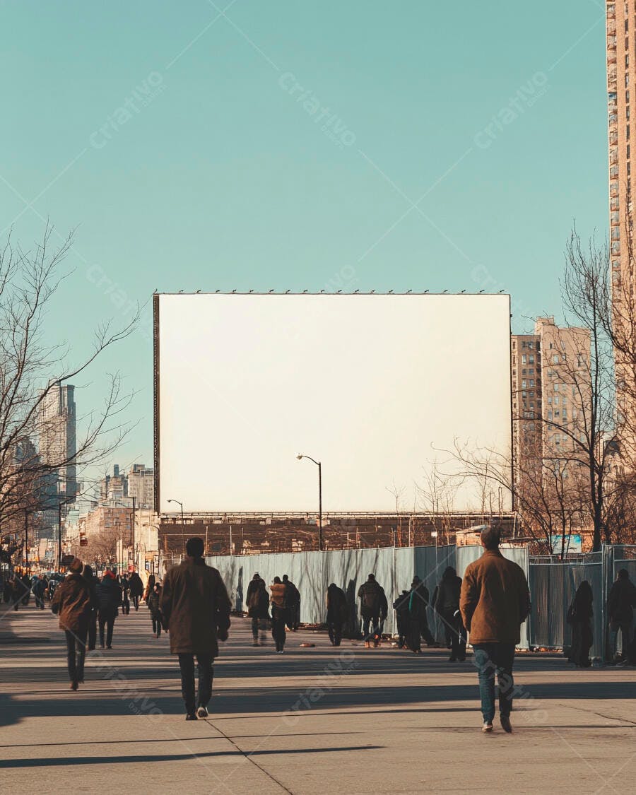 Outdoor em branco na cidade com pedestres e árvores secas no outono