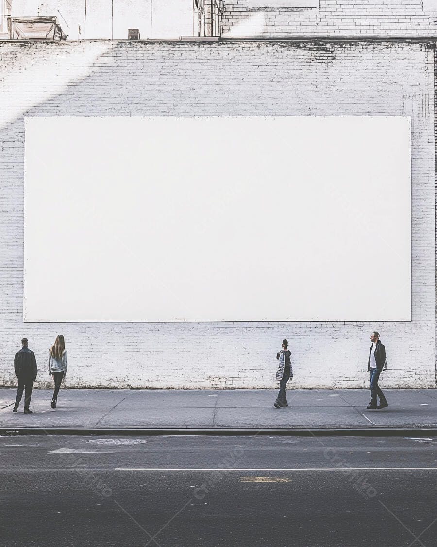Painel publicitário em branco na parede de tijolos com pessoas caminhando na rua