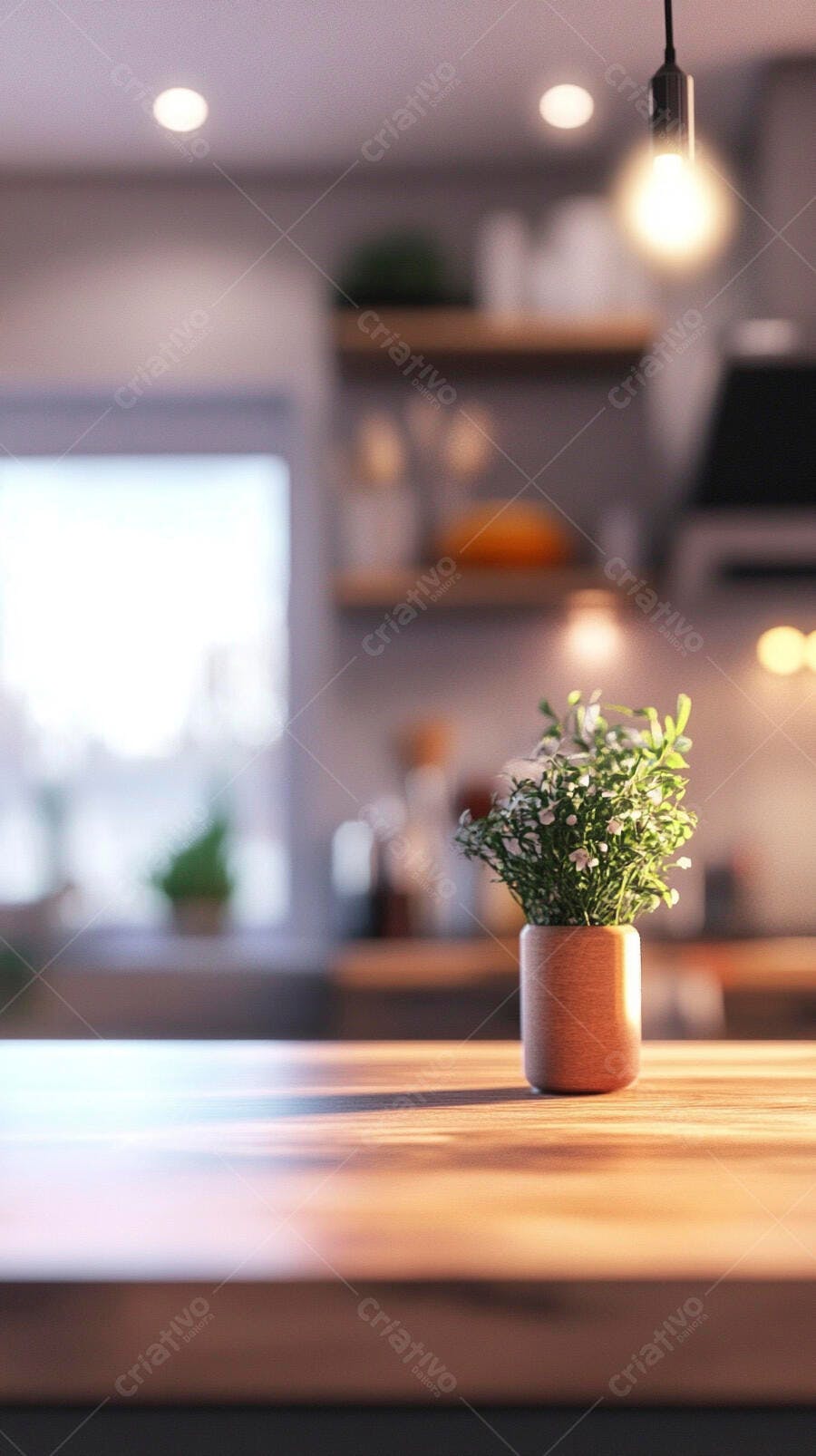 Planta em vaso com flores brancas em cozinha moderna iluminada