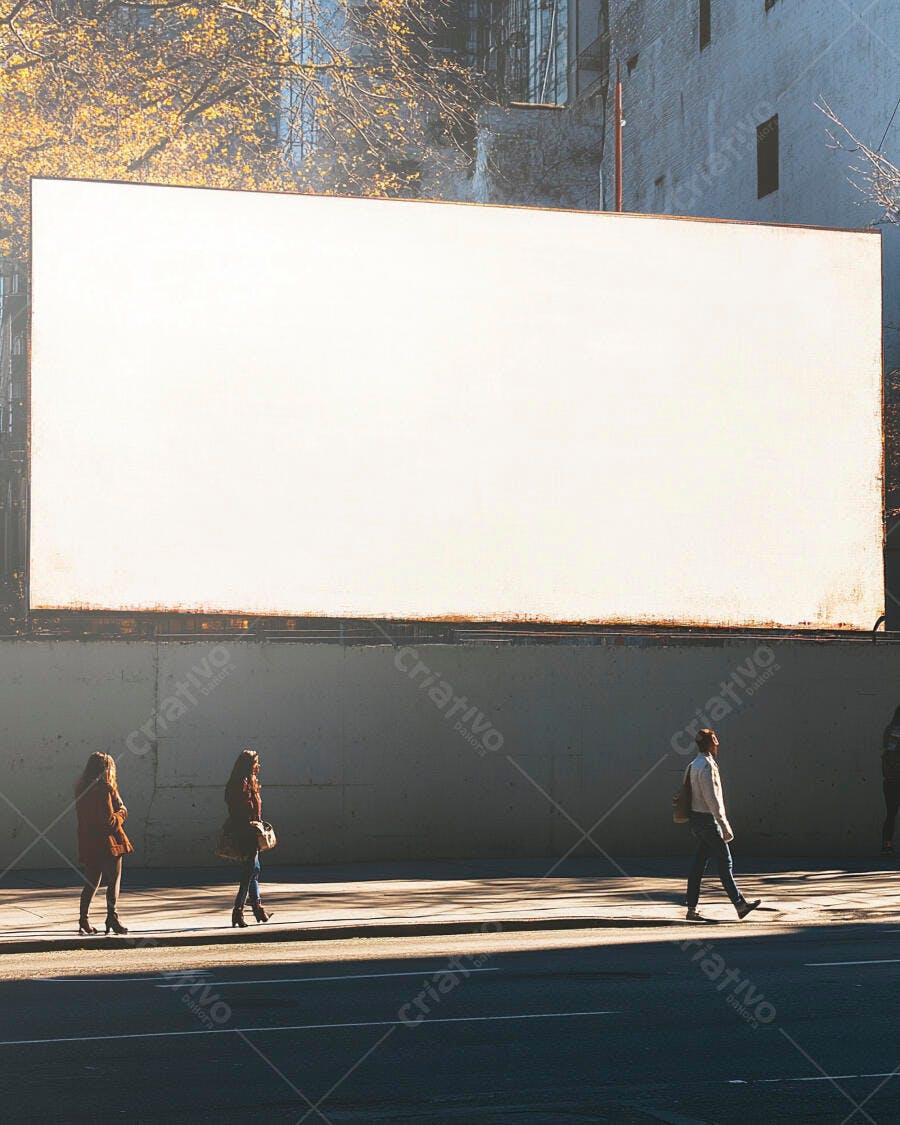 Mulheres e homem caminhando em rua urbana com grande outdoor em branco sob sol de outono