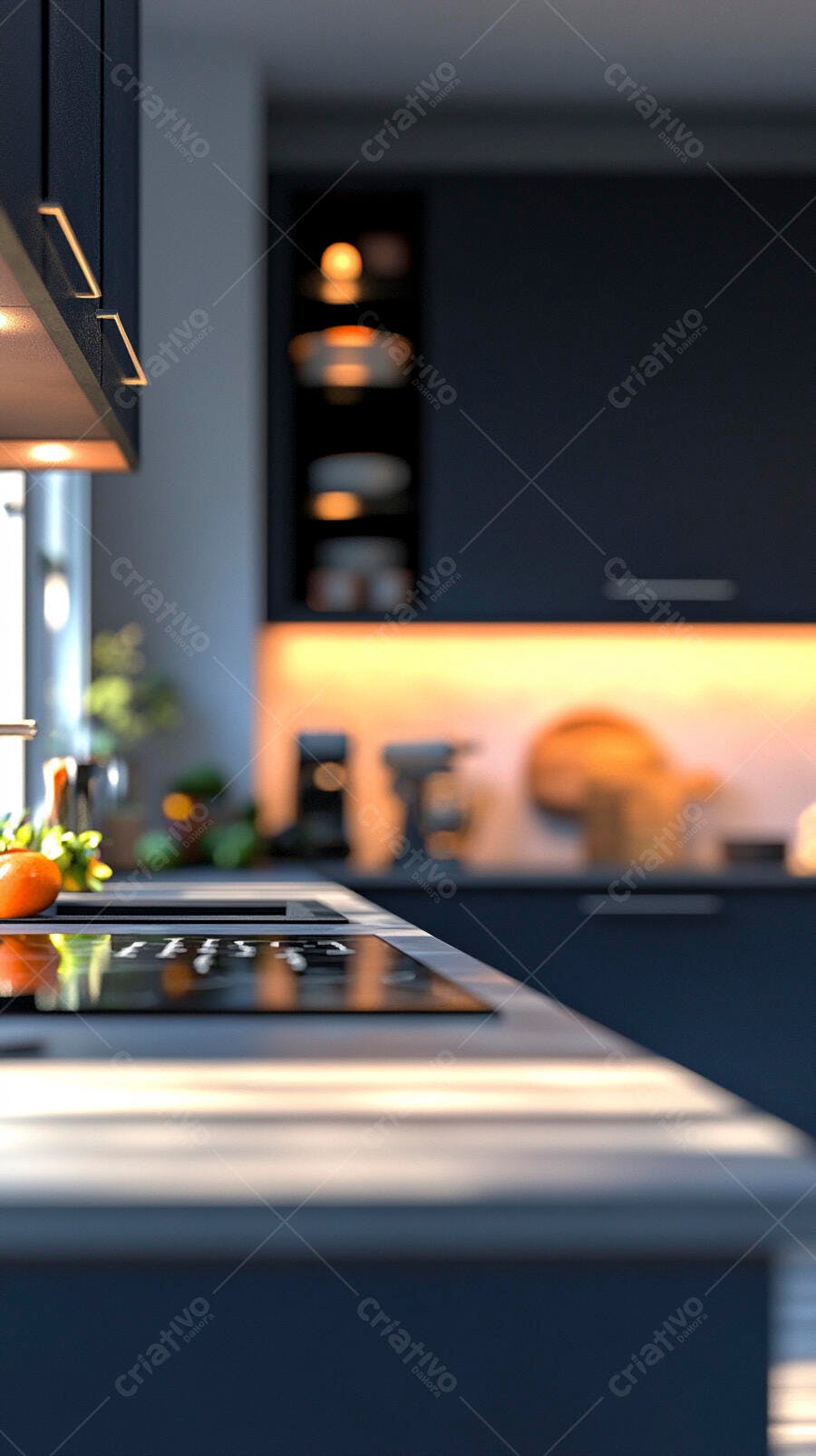 Cozinha moderna com bancada escura e fogão de indução iluminação quente