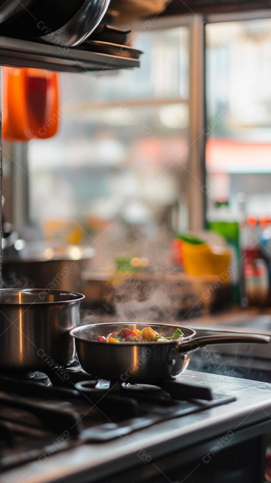 Legumes coloridos cozinhando em panela de aço na cozinha industrial