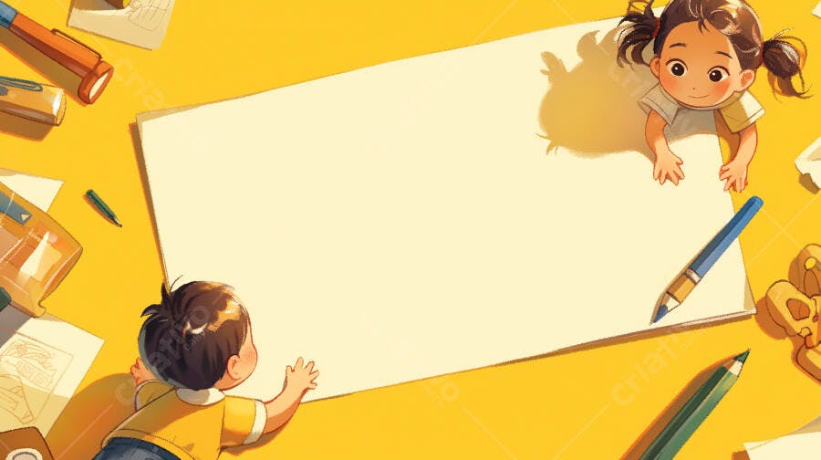 Crianças pequenas desenhando com materiais de arte em fundo amarelo pastel