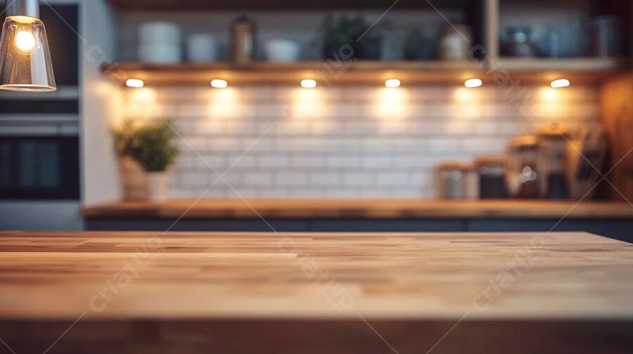 Cozinha moderna com bancada de madeira clara e iluminação aconchegante