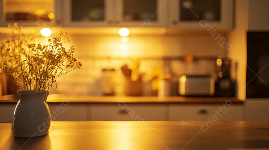 Vaso com flores secas na bancada da cozinha iluminada por luz quente