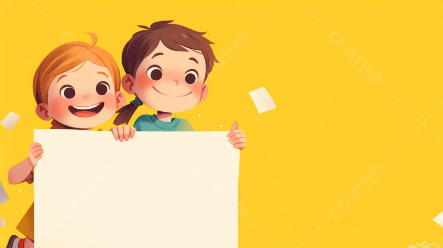 Duas crianças sorridentes segurando cartaz branco em fundo amarelo vibrante
