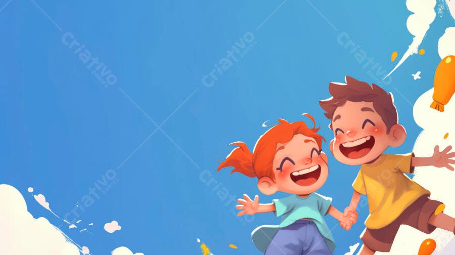 Menina ruiva e menino sorrindo pulando no céu azul com nuvens