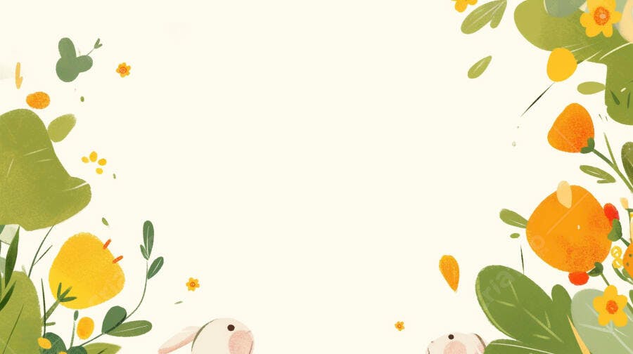 Coelhos brancos e flores amarelas folhas verdes ilustração de fundo de primavera