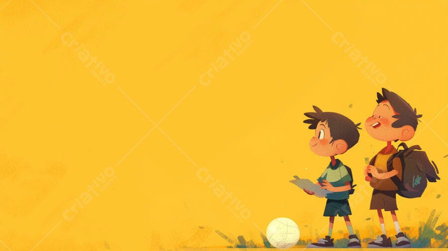 Meninos asiáticos estudantes com mochila e prancheta em campo amarelo vibrante