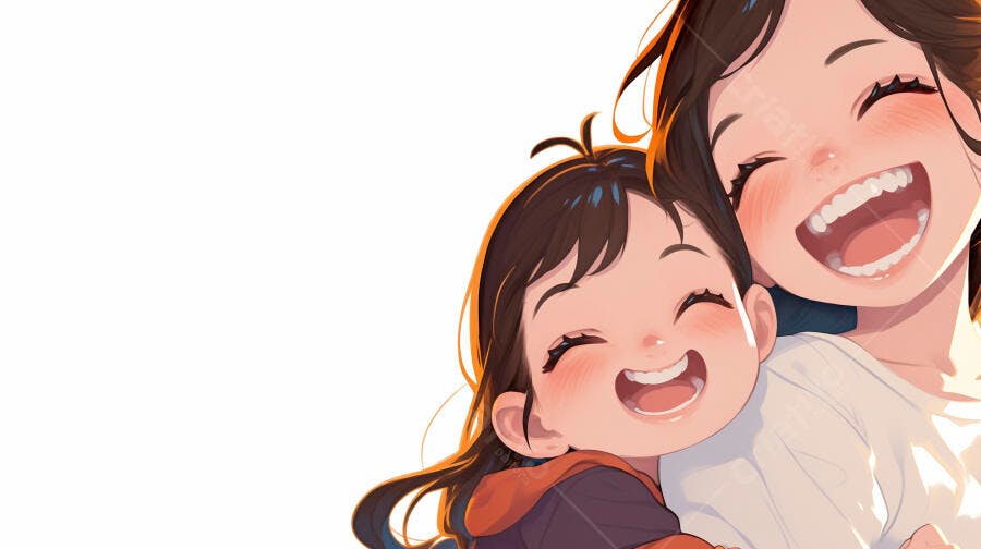 Mãe e filha asiáticas sorrindo felizes em abraço afetuoso ilustração no branco