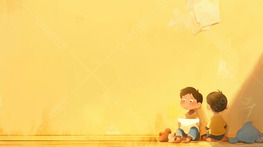 Dois meninos sentados lendo e brincando em quarto amarelo claro