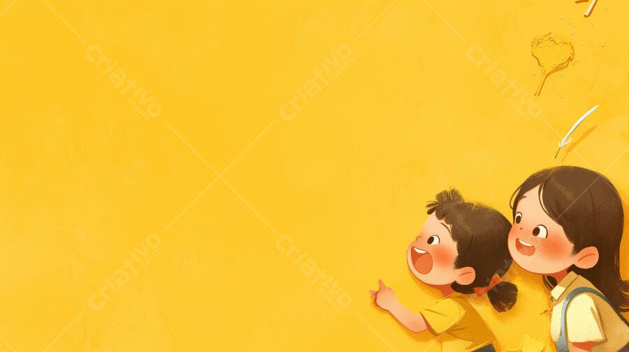 Duas crianças asiáticas felizes apontando para cima em ilustração amarela vibrante