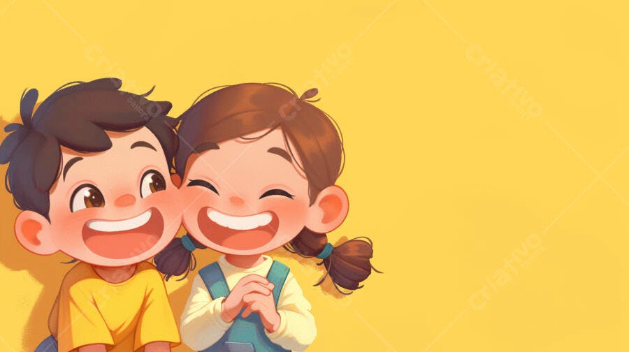 Crianças felizes menino e menina sorrindo com fundo amarelo ilustrado