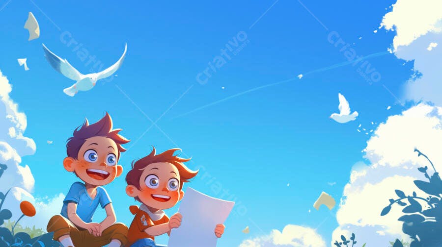 Meninos felizes lendo papel em dia ensolarado com pássaros voando no céu azul