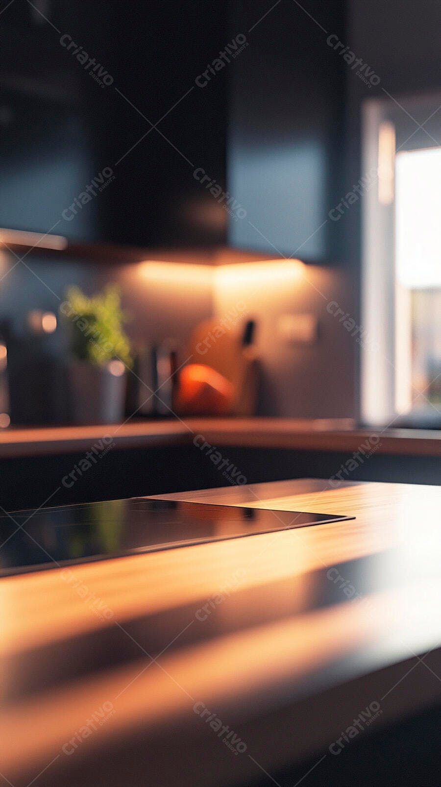 Cozinha moderna com fogão de indução e bancada de madeira iluminada