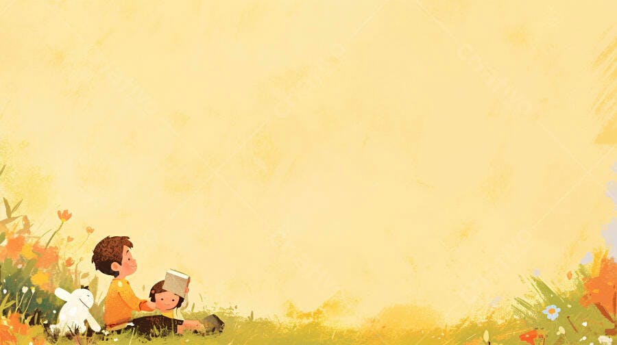 Duas crianças lendo livro em campo florido com coelho de pelúcia