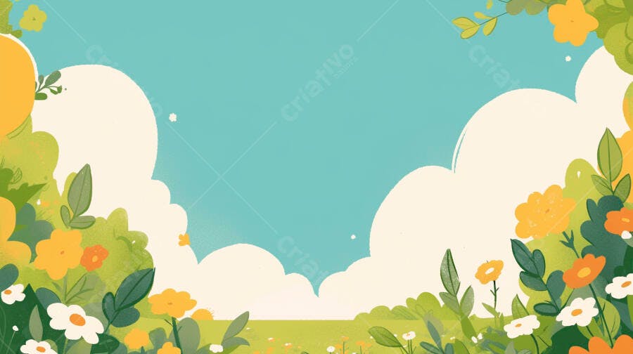 Cenário primaveril com flores coloridas e céu azul claro