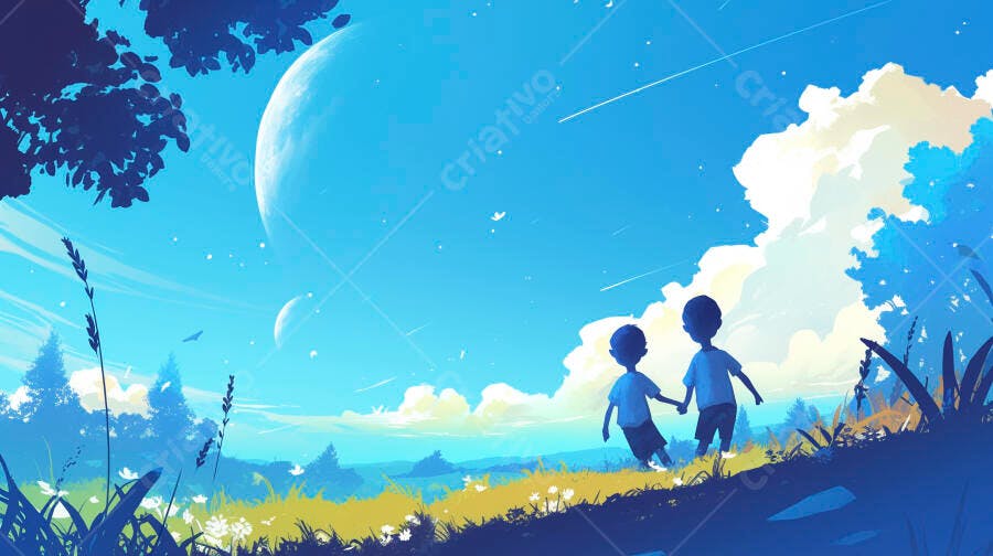 Meninos de mãos dadas em paisagem surreal com céu azul e planeta distante