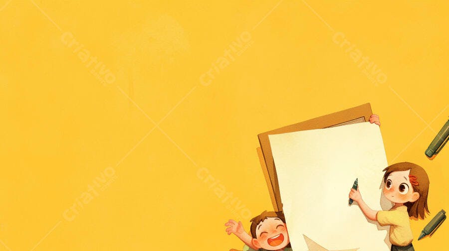 Crianças felizes desenhando com marcadores em fundo amarelo brilhante