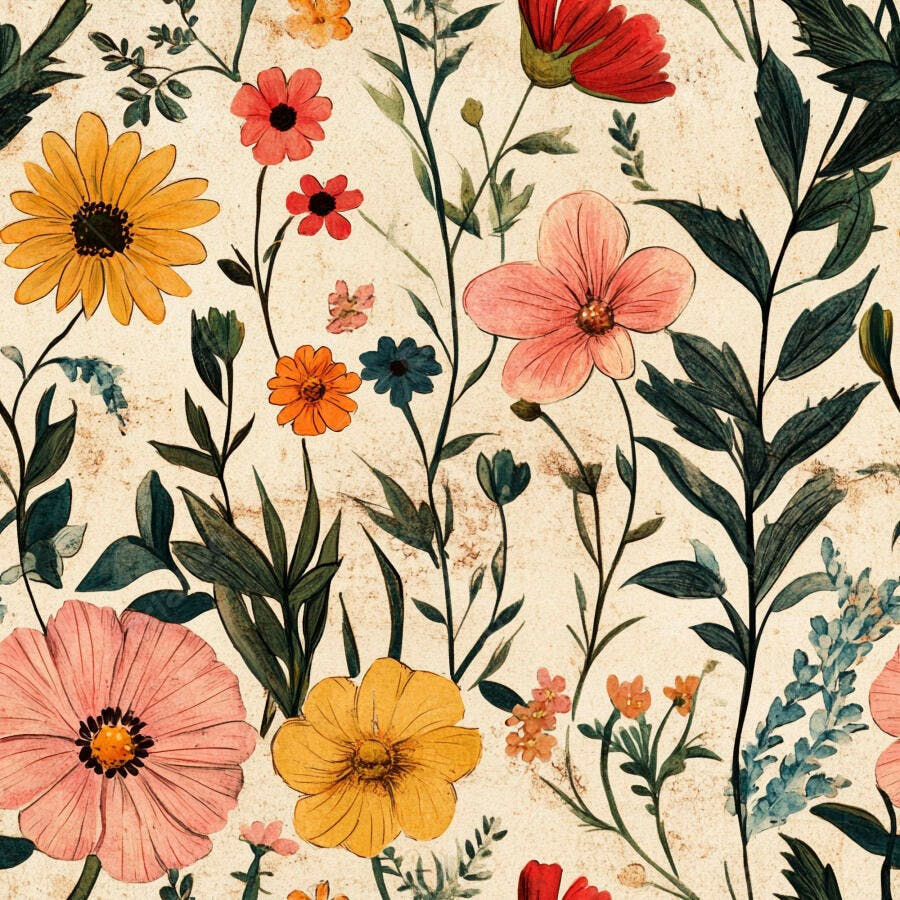 Padrão floral vintage colorido com flores aquarela em fundo creme