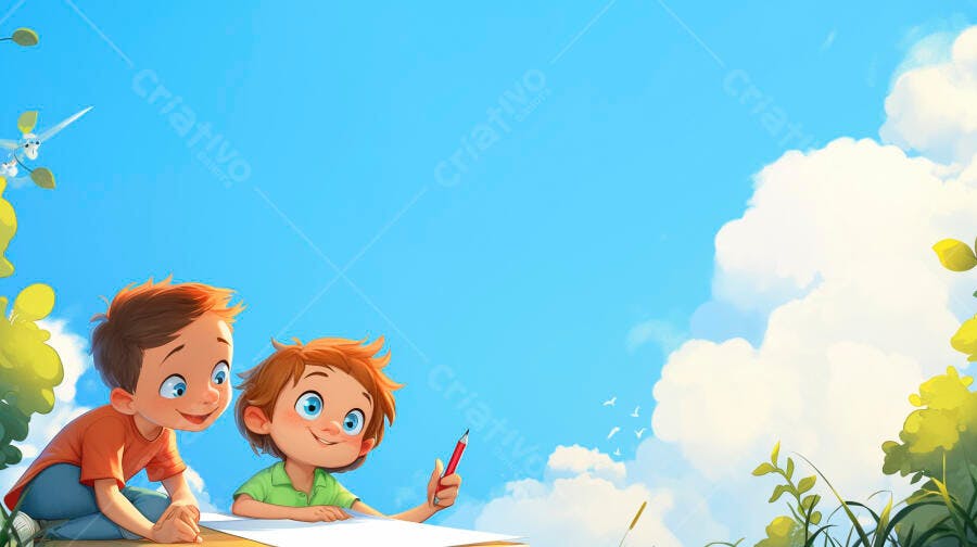 Dois meninos felizes desenhando ao ar livre em dia ensolarado com céu azul