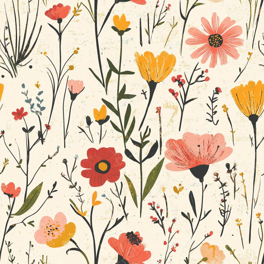 Padrão floral de flores silvestres em tons de vermelho e amarelo com fundo creme