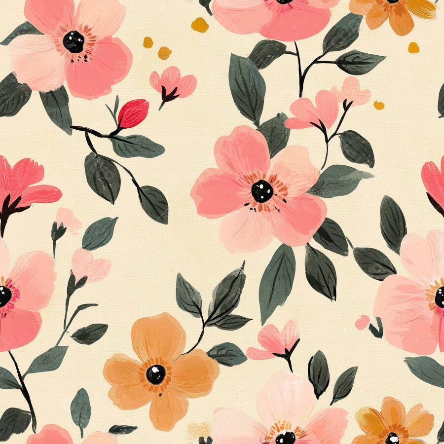 Padrão floral suave com flores rosa e laranja em fundo bege claro