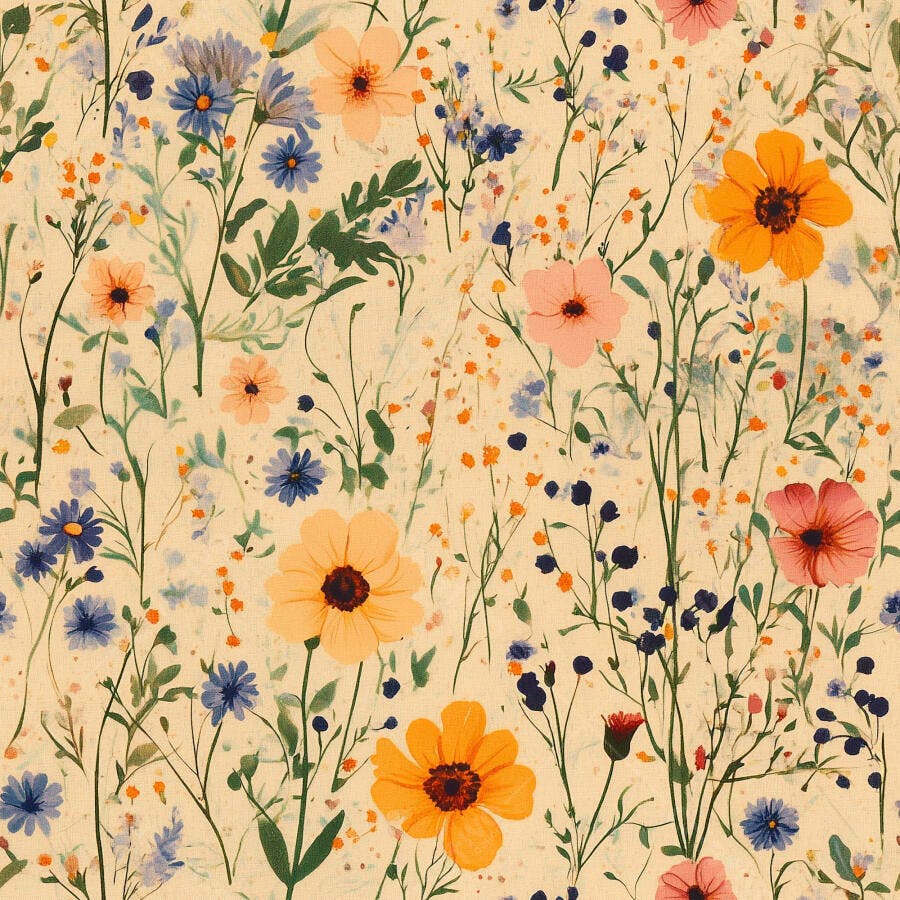 Padrão floral artístico flores silvestres laranja azul rosa em fundo creme