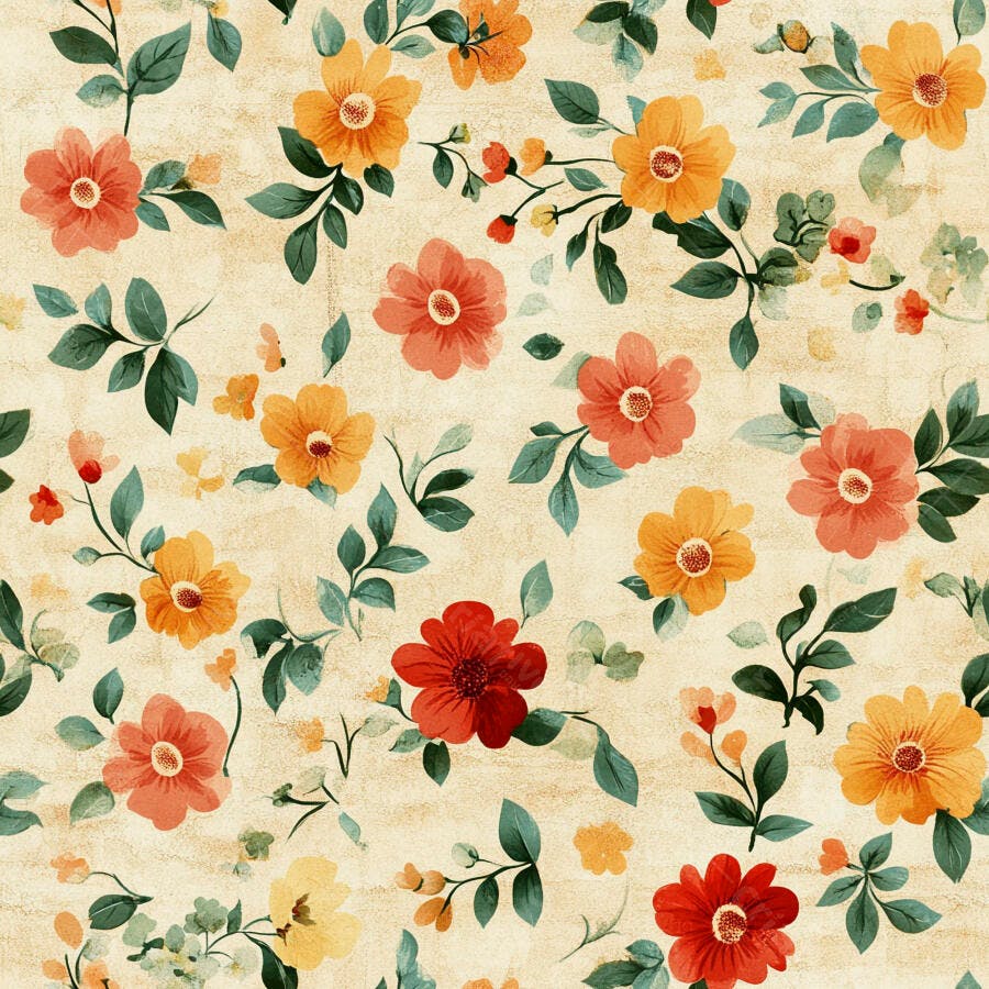 Padrão floral aquarela com flores vermelhas laranjas e folhas verdes em fundo bege