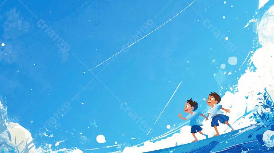 Meninos felizes correndo em colina azul sob céu claro ilustração animada