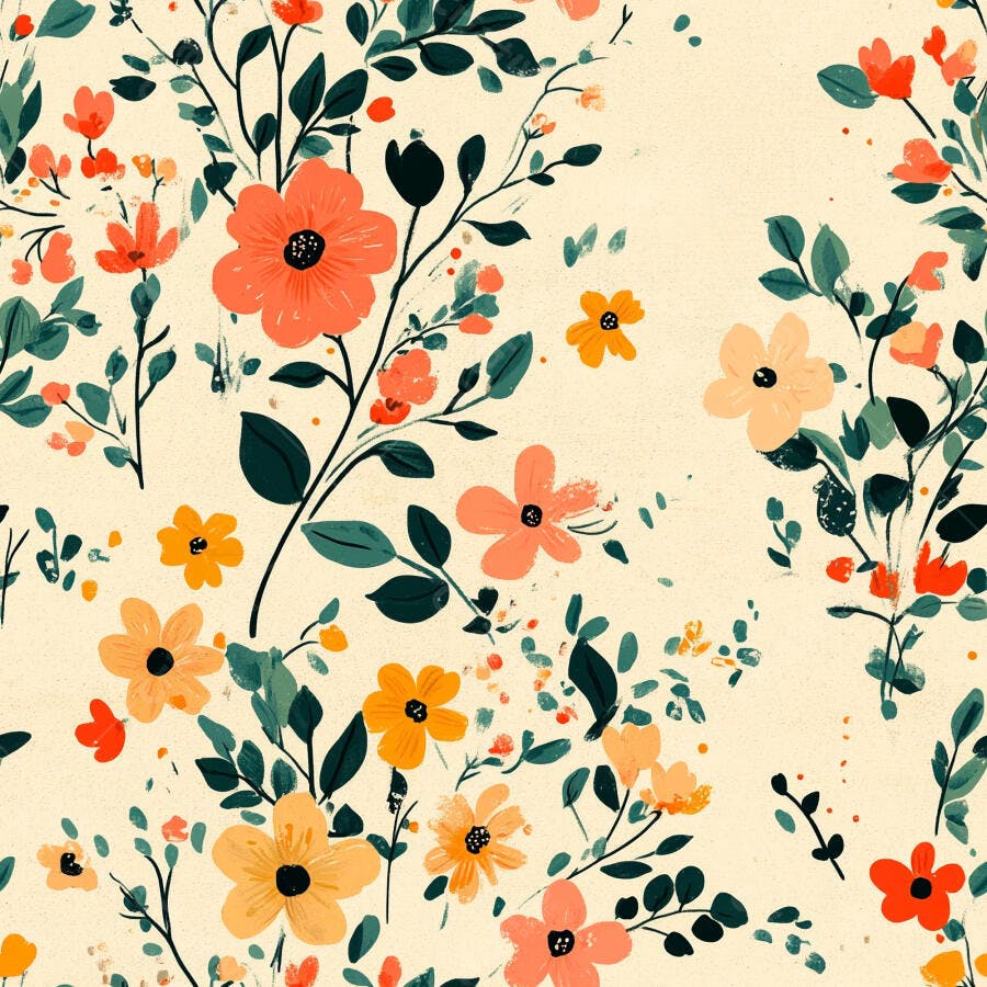 Padrão floral com flores laranjas amarelas e folhas verdes fundo creme