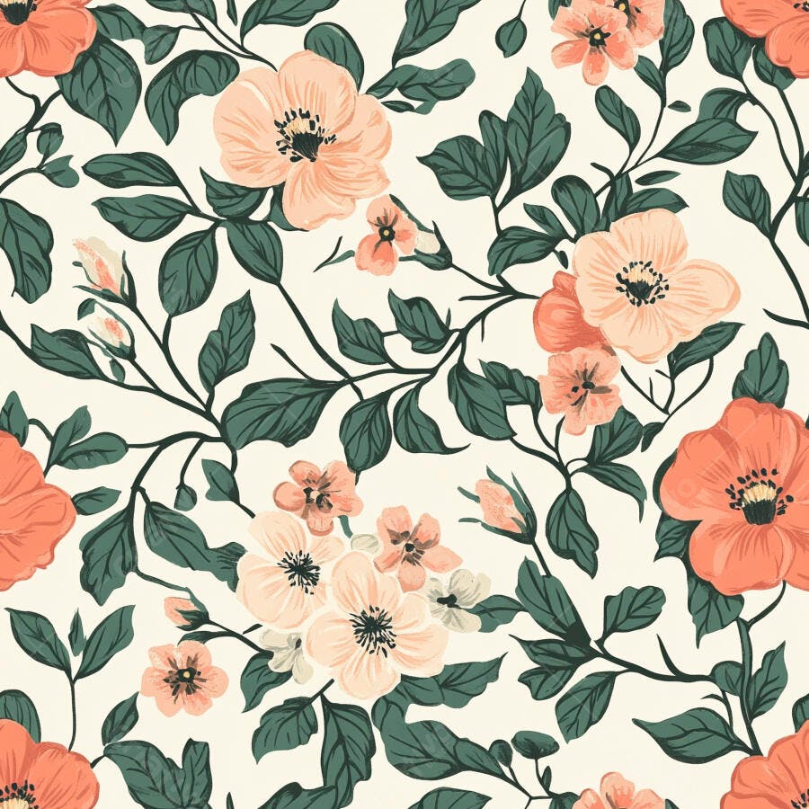 Padrão floral com flores pêssego e folhas verdes sobre fundo creme