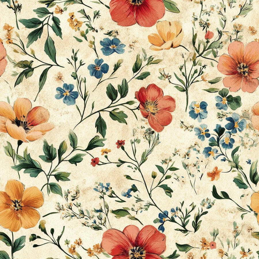 Padrão floral vintage com flores vermelhas laranjas e azuis em fundo bege