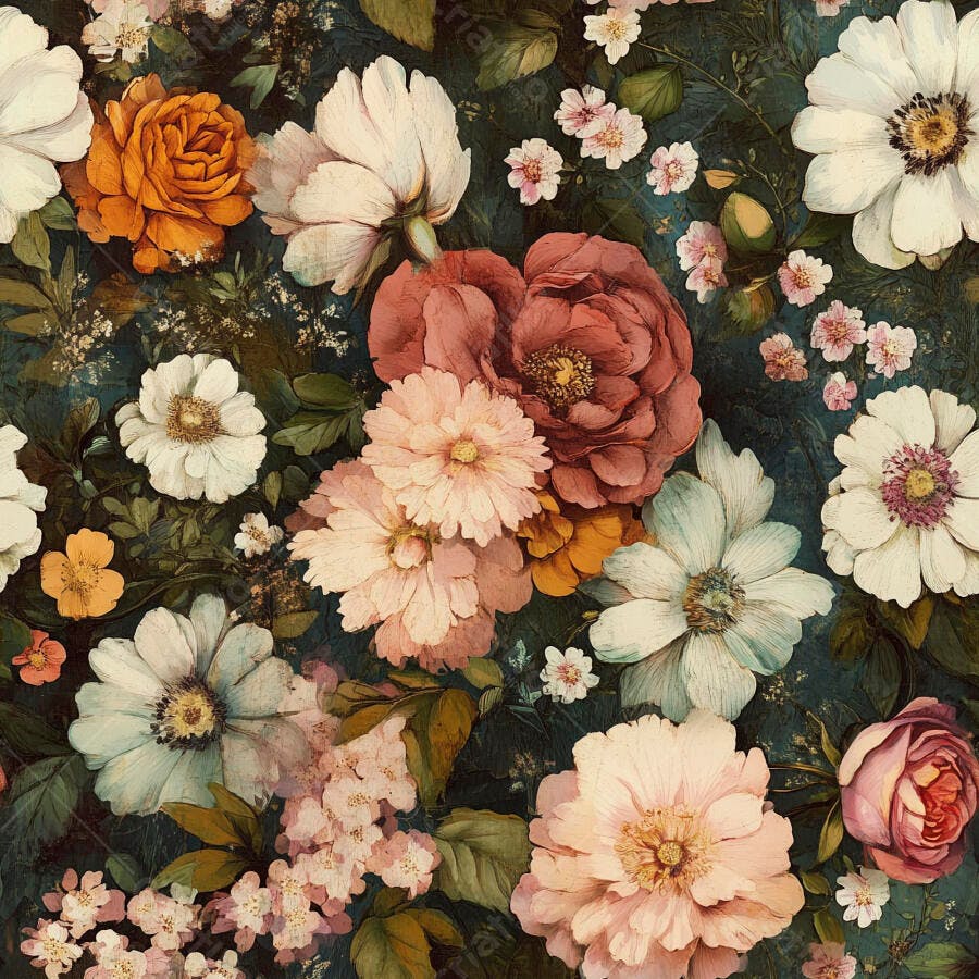 Flores variadas em padrão floral vintage com tons pasteis e escuros