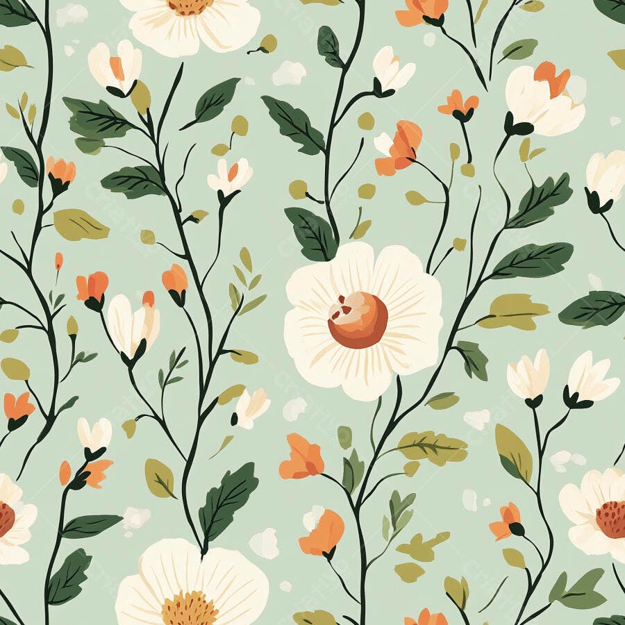Padrão floral contínuo com flores brancas e laranjas em fundo verde menta