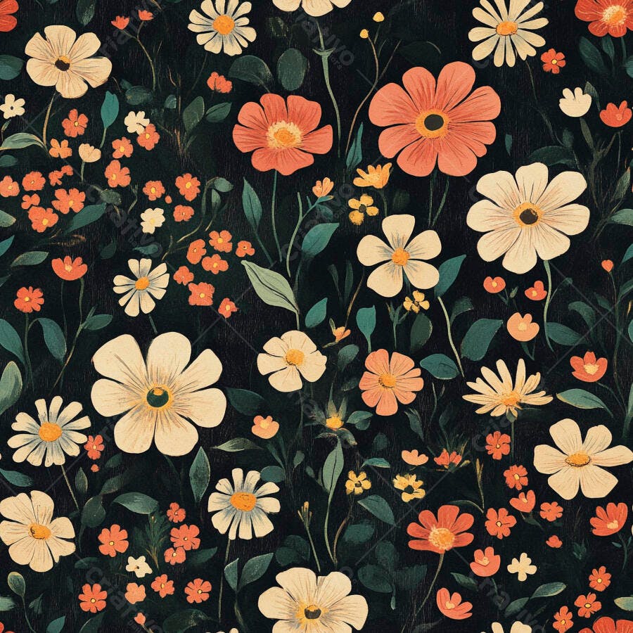 Padrão floral sem costura com flores coral e creme em fundo escuro