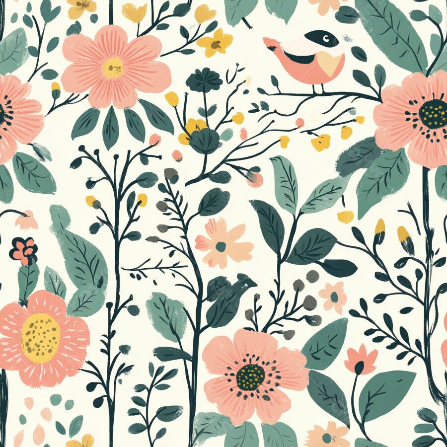 Padrão floral com pássaro rosa e folhas verdes ilustração vintage