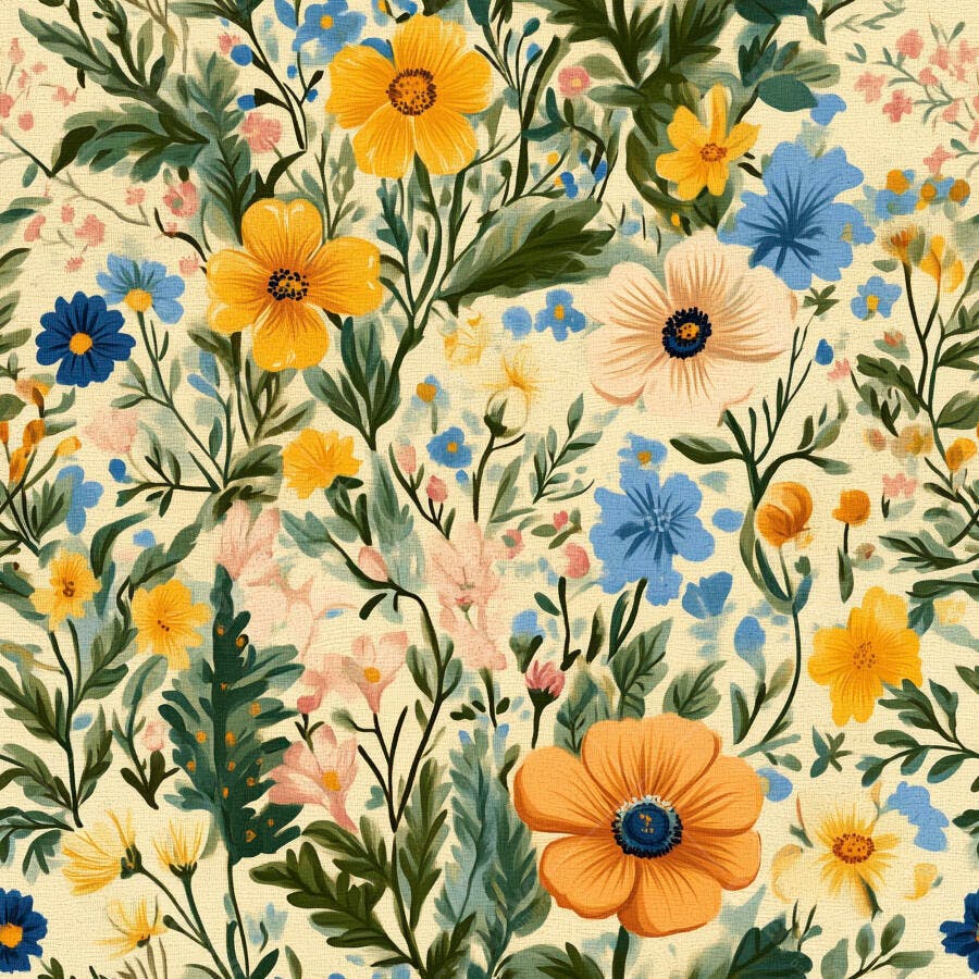 Padrão floral vibrante com flores amarelas azuis e laranjas em fundo creme