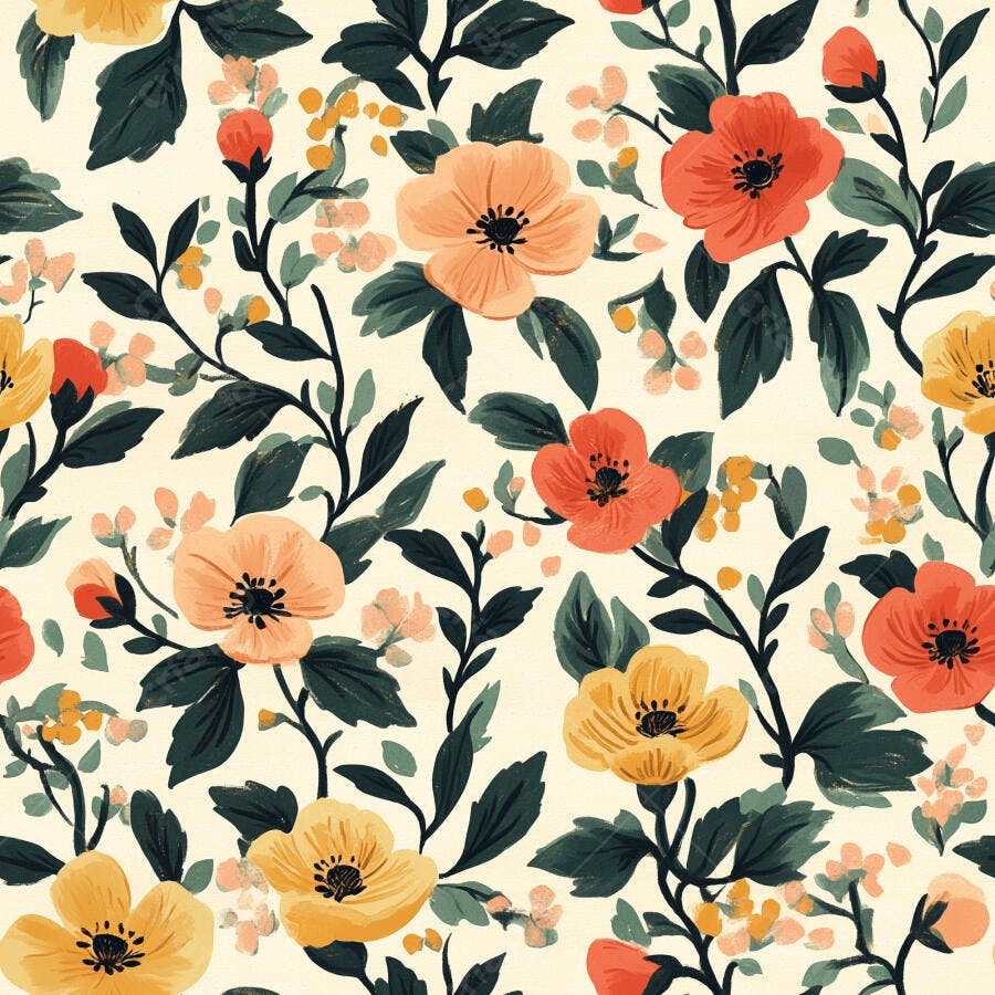 Padrão floral vibrante com flores amarelas laranjas e vermelhas folhas verdes em fundo creme