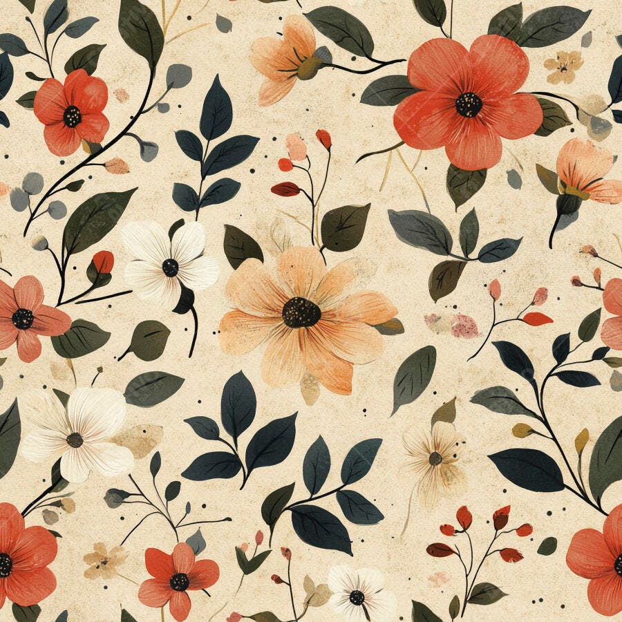 Padrão floral com flores laranjas brancas e vermelhas e folhas escuras em fundo creme