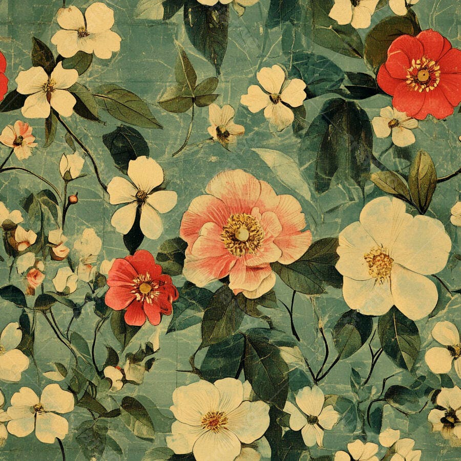 Padrão floral vintage com peônias rosas e flores brancas em fundo azul esverdeado