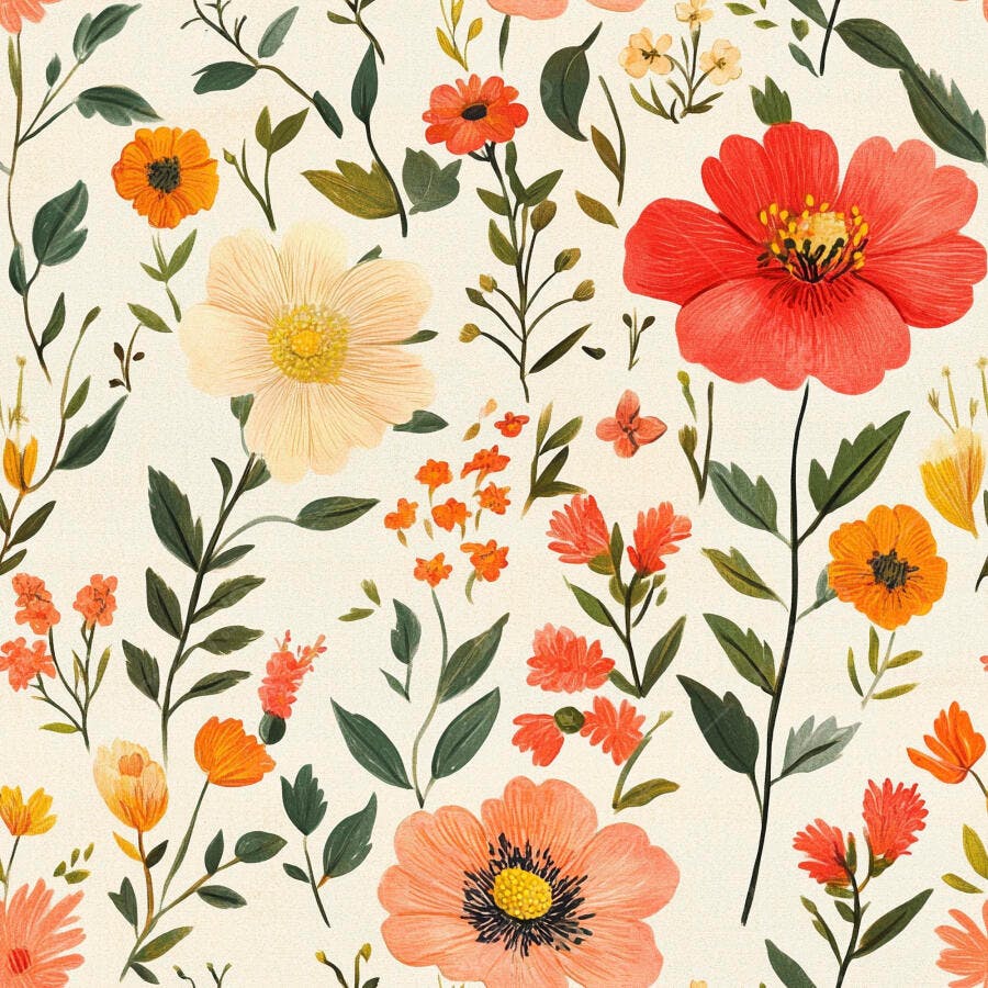 Padrão floral vibrante com flores laranjas vermelhas e creme em fundo claro