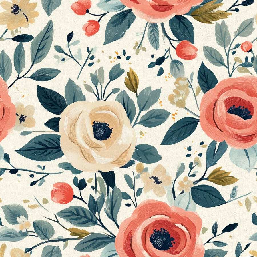 Padrão floral com rosas corais e folhas azul marinho em fundo creme vintage