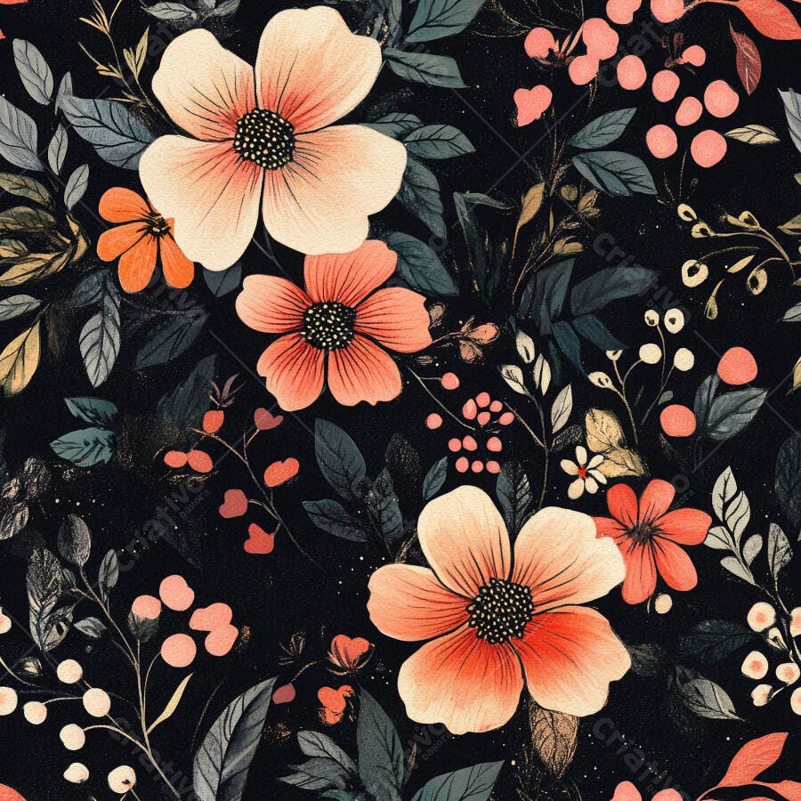 Padrão floral vintage com flores pêssego e folhas verde-acinzentadas em fundo escuro