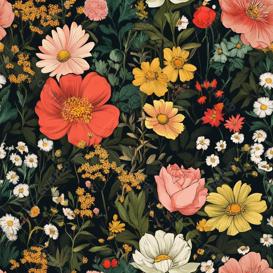 Padrão floral vibrante com rosas e margaridas em fundo escuro