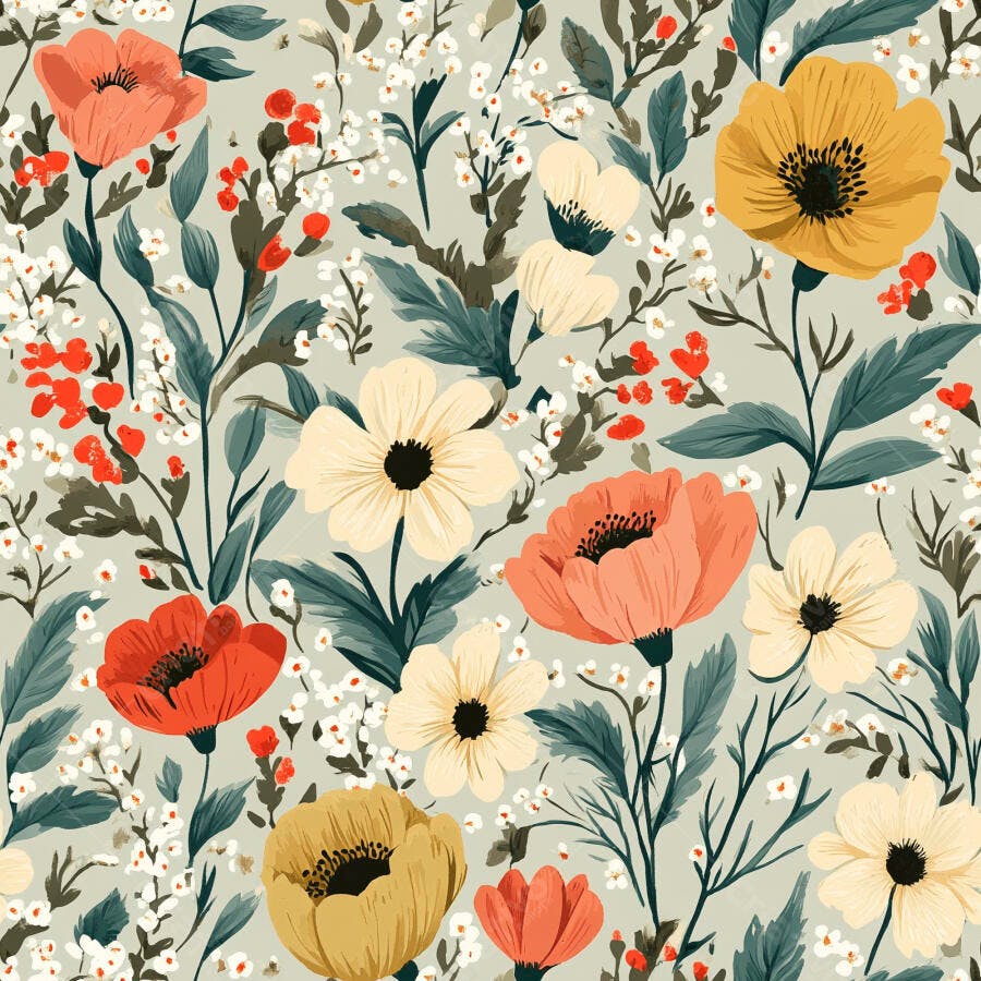 Padrão floral ilustrado com flores pêssego amarelas brancas e folhagem verde botânica